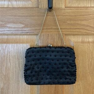 Vintage Hand Beaded Handbag Purse Black Evening Bag Gold Rope Handle Clasp Close